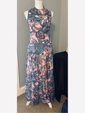 Banjanan 100% Silk Maxi Dress Pink Tropical Print Ruffle Neck Size S/M